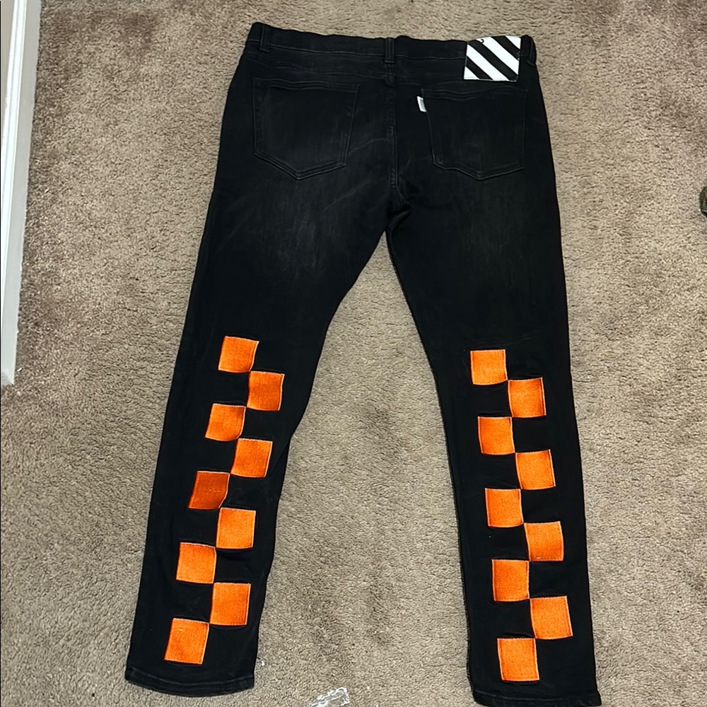 Off-White Black and Orange Skinny Jeans with Checkered Design